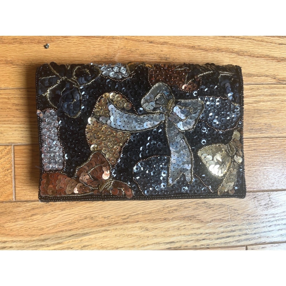 Carla Marchi Vintage Beaded Sequin Bow Evening Clutch Bag Black Gold Silver
